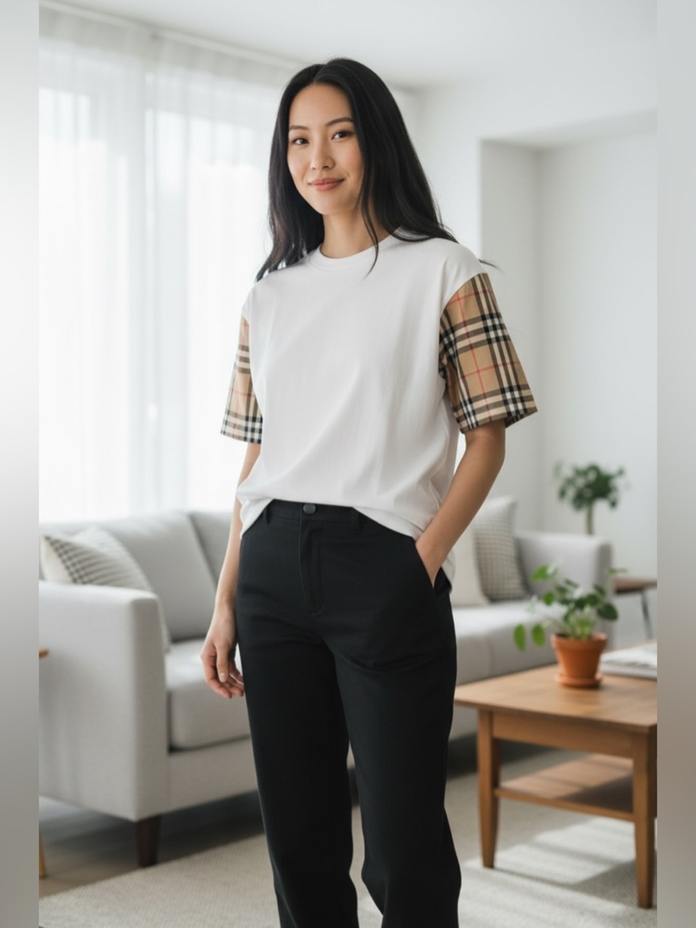 Burberry White Tee with Beige Plaid Sleeve Accents - Women's Short Sleeve Size M